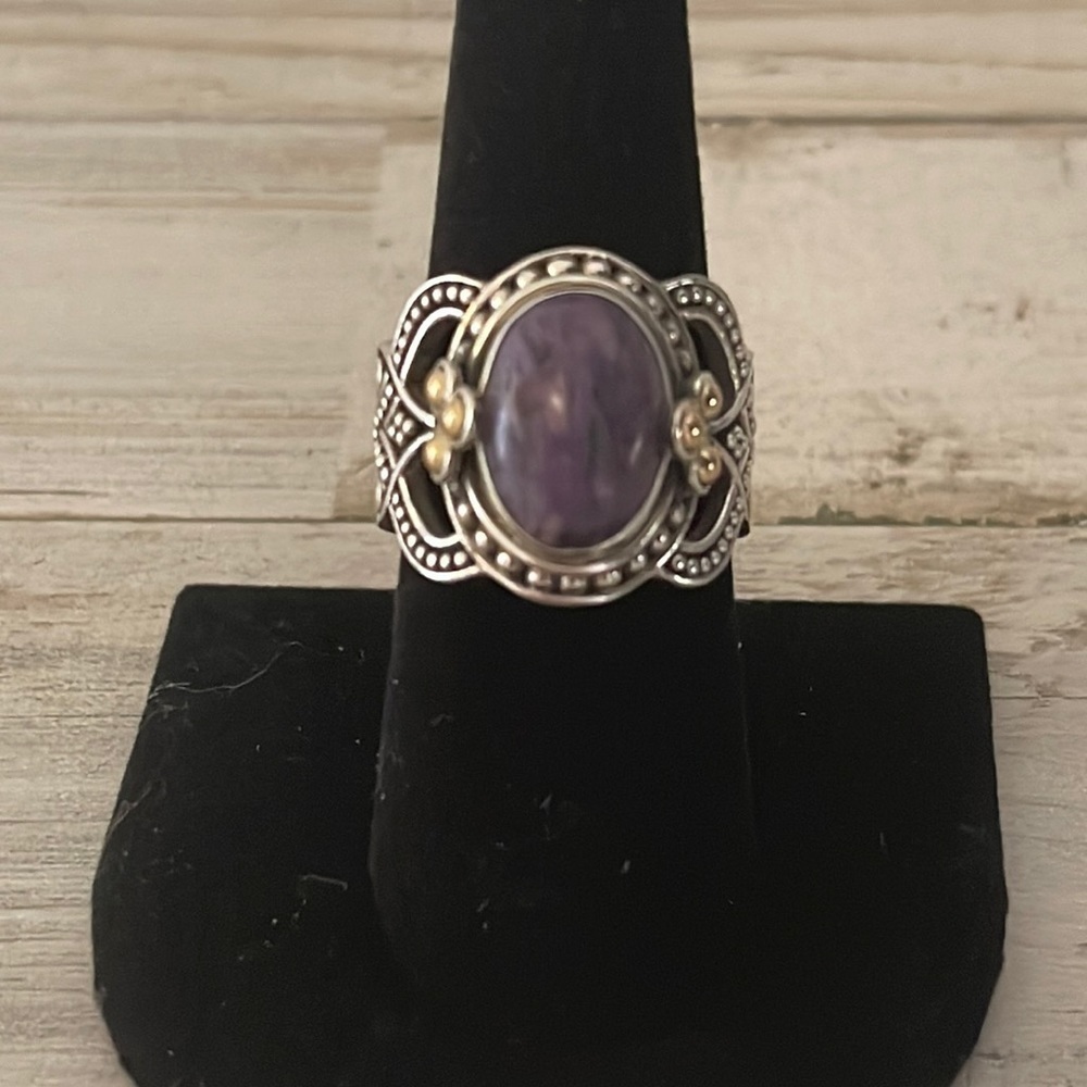 Suarti Bali Sterling Silver Cabochon Amethyst Ring 18K Gold Accent Size 8 - Picture 2 of 7